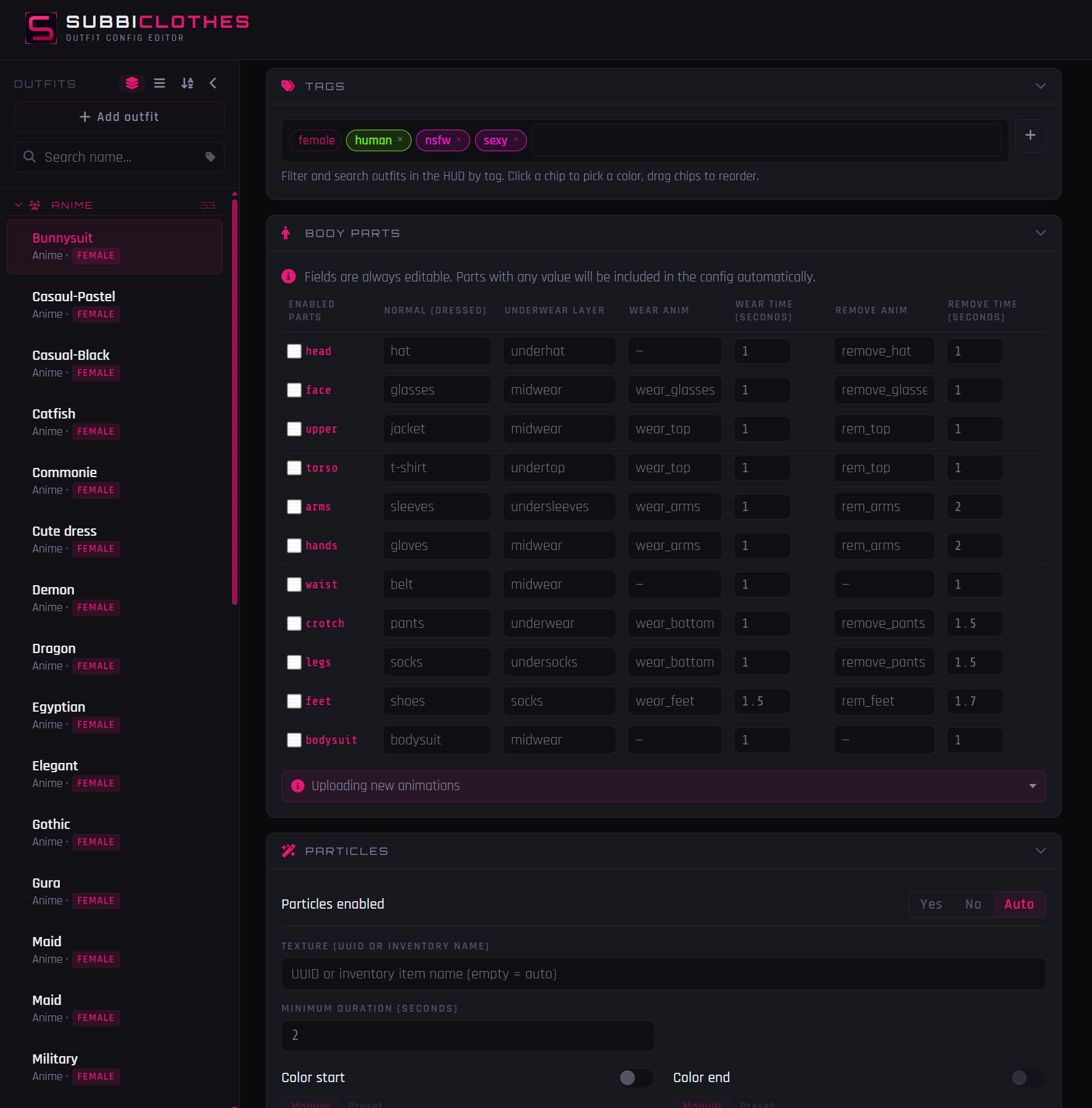 Outfit Config Editor — real interface screenshot