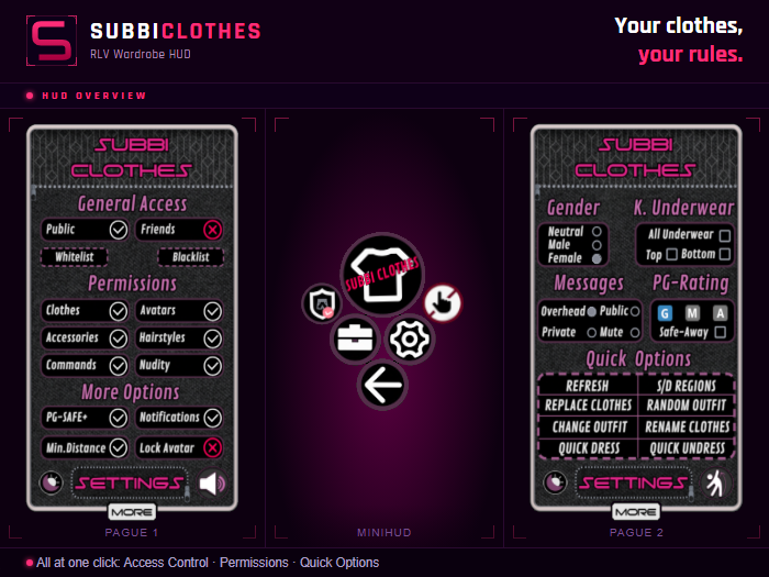 Subbi Clothes HUD — settings panel with permissions and access control