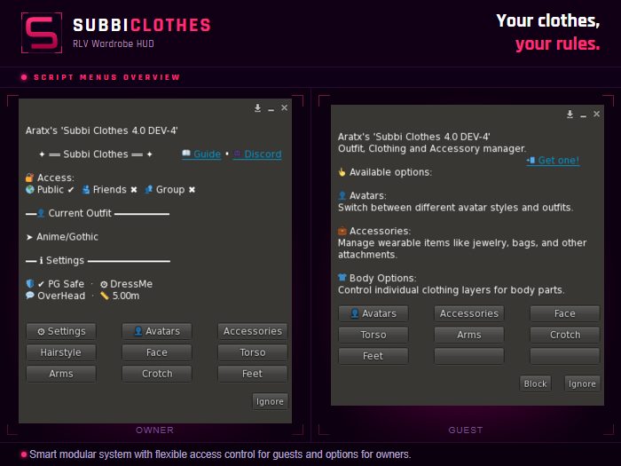 Subbi Clothes HUD — main menu showing owner and guest views
